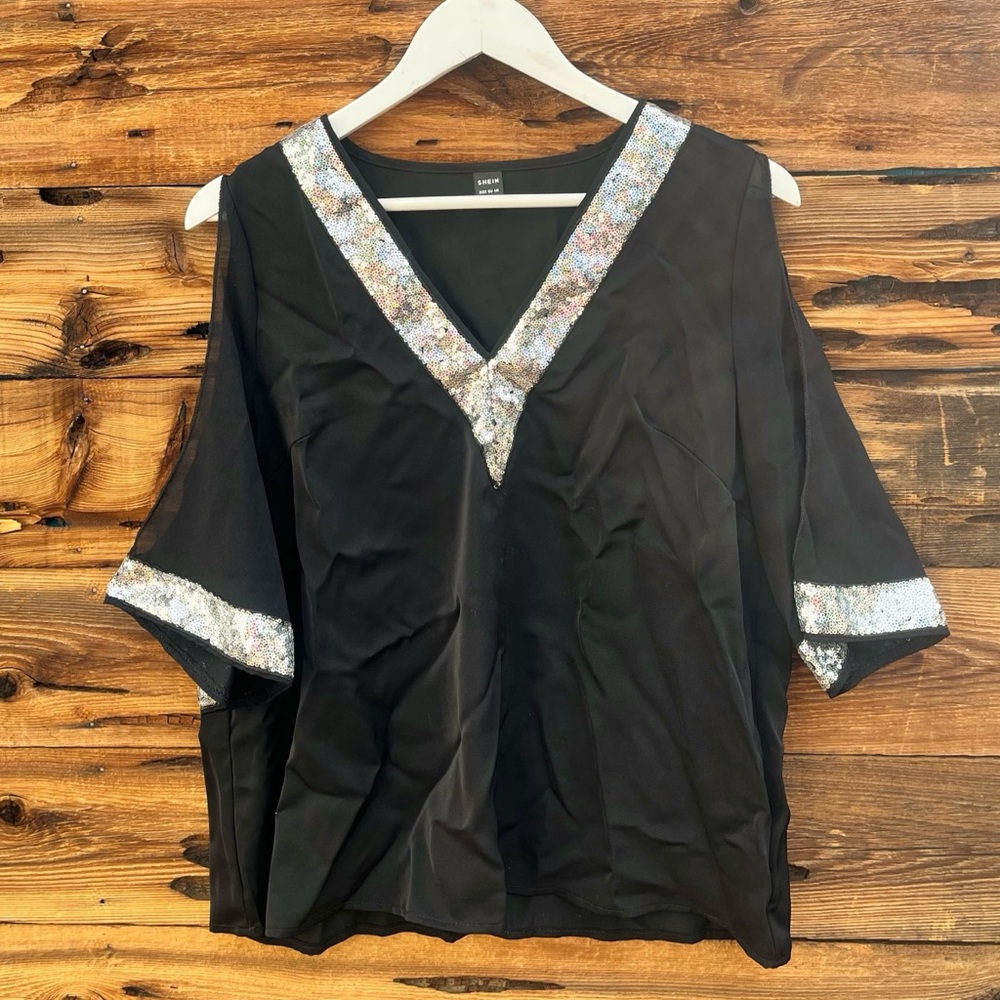 SHEIN | Sequin Black V-Neck Cold Shoulder Blouse L